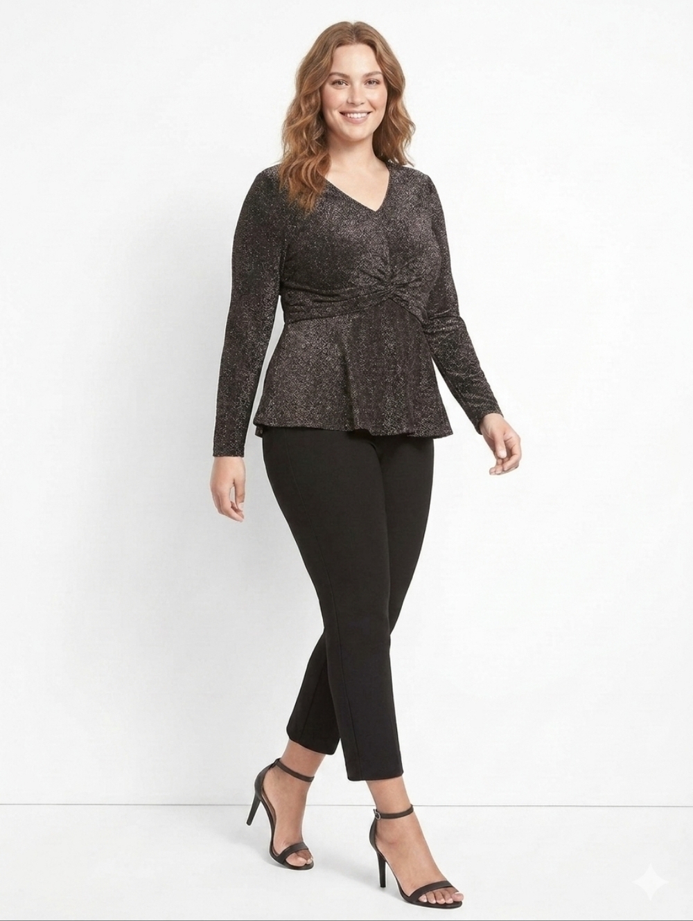 Lane Bryant No-Peek Twist-Waist Peplum  Black Metallic Knit V-Neck Blouse